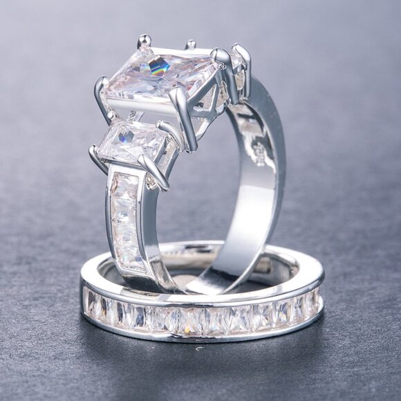 925 Silver Plated Promise Ring CZ Wedding Couple Ring, FB16FA1090 - Picture 1 of 5